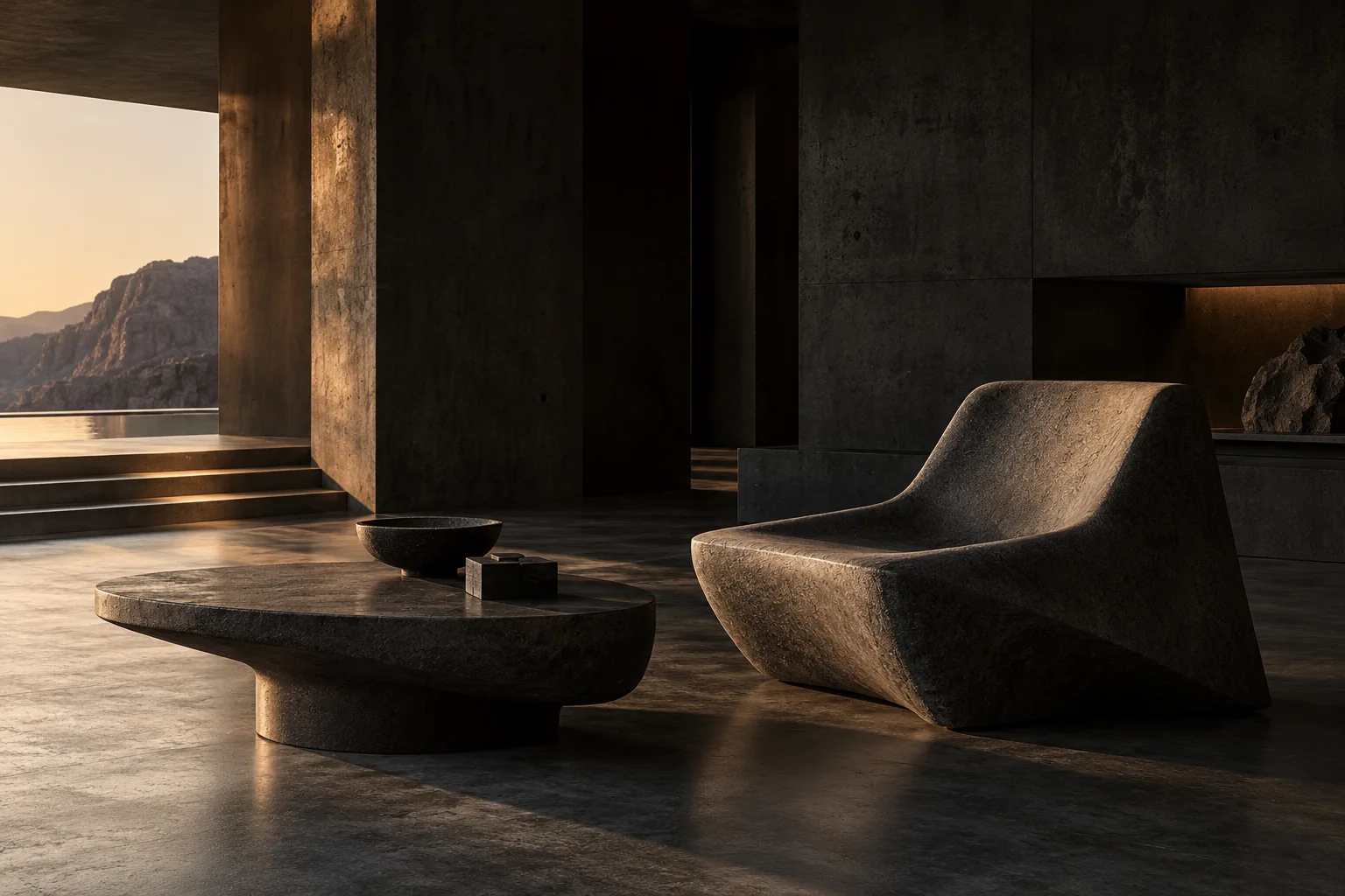Monolithic sculptural lounge seating and low table