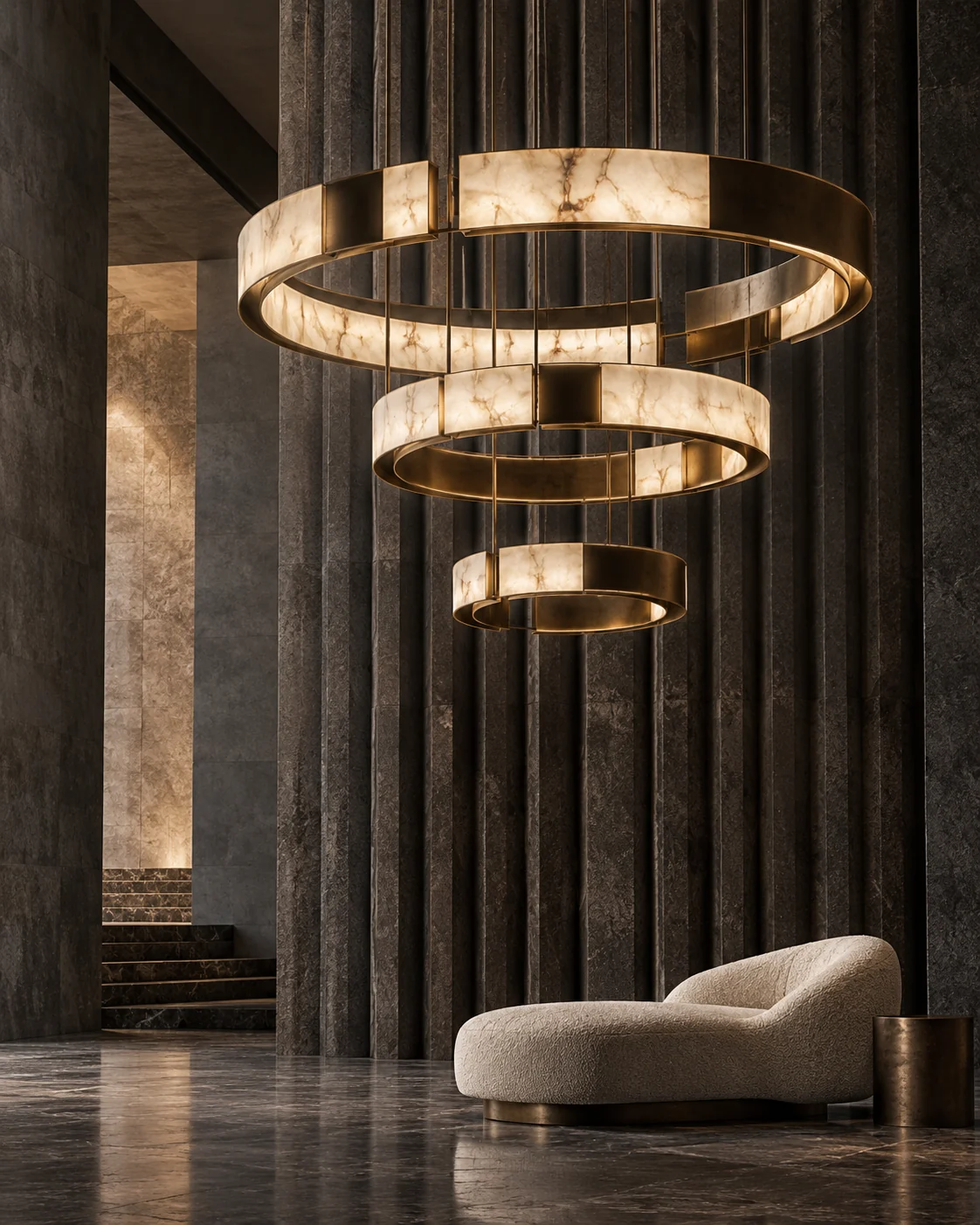 Sculptural illuminated rings suspended against fluted stone in a contemporary gallery